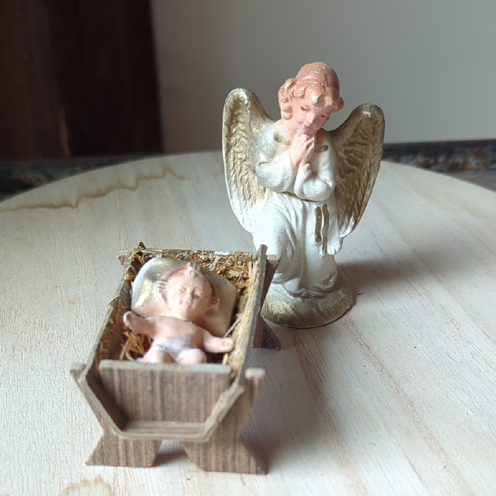 Vintage Miniature Mold Nativity Figurines Worshipping Angel and Baby Jesus